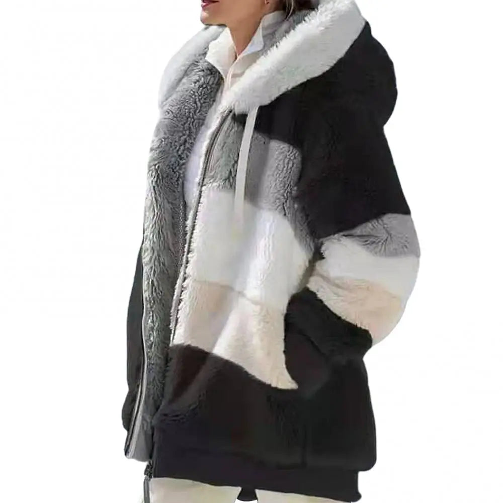 Cozy Vintage Fleece Women's Parka - Stylish Color Block Hooded Jacket for Autumn/Winter