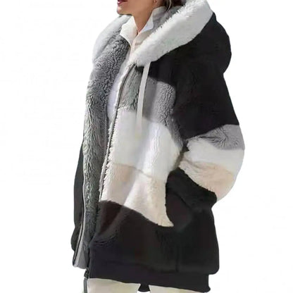 Cozy Vintage Fleece Women's Parka - Stylish Color Block Hooded Jacket for Autumn/Winter