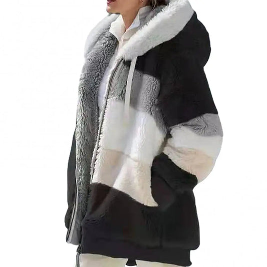 Cozy Vintage Fleece Women's Parka - Stylish Color Block Hooded Jacket for Autumn/Winter