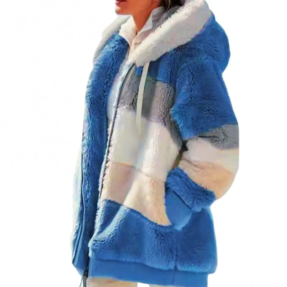 Cozy Vintage Fleece Women's Parka - Stylish Color Block Hooded Jacket for Autumn/Winter