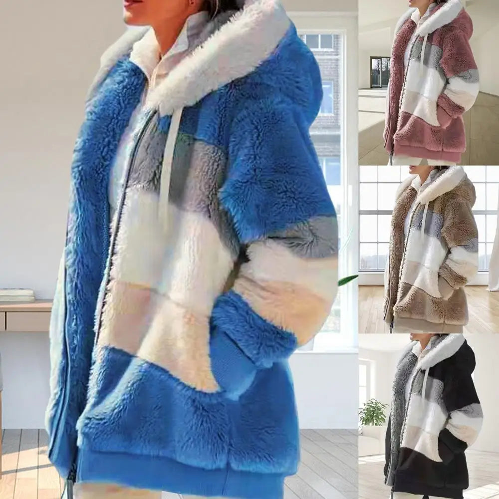 Cozy Vintage Fleece Women's Parka - Stylish Color Block Hooded Jacket for Autumn/Winter
