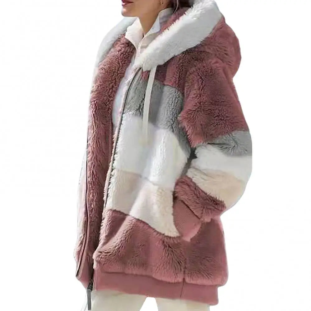 Cozy Vintage Fleece Women's Parka - Stylish Color Block Hooded Jacket for Autumn/Winter