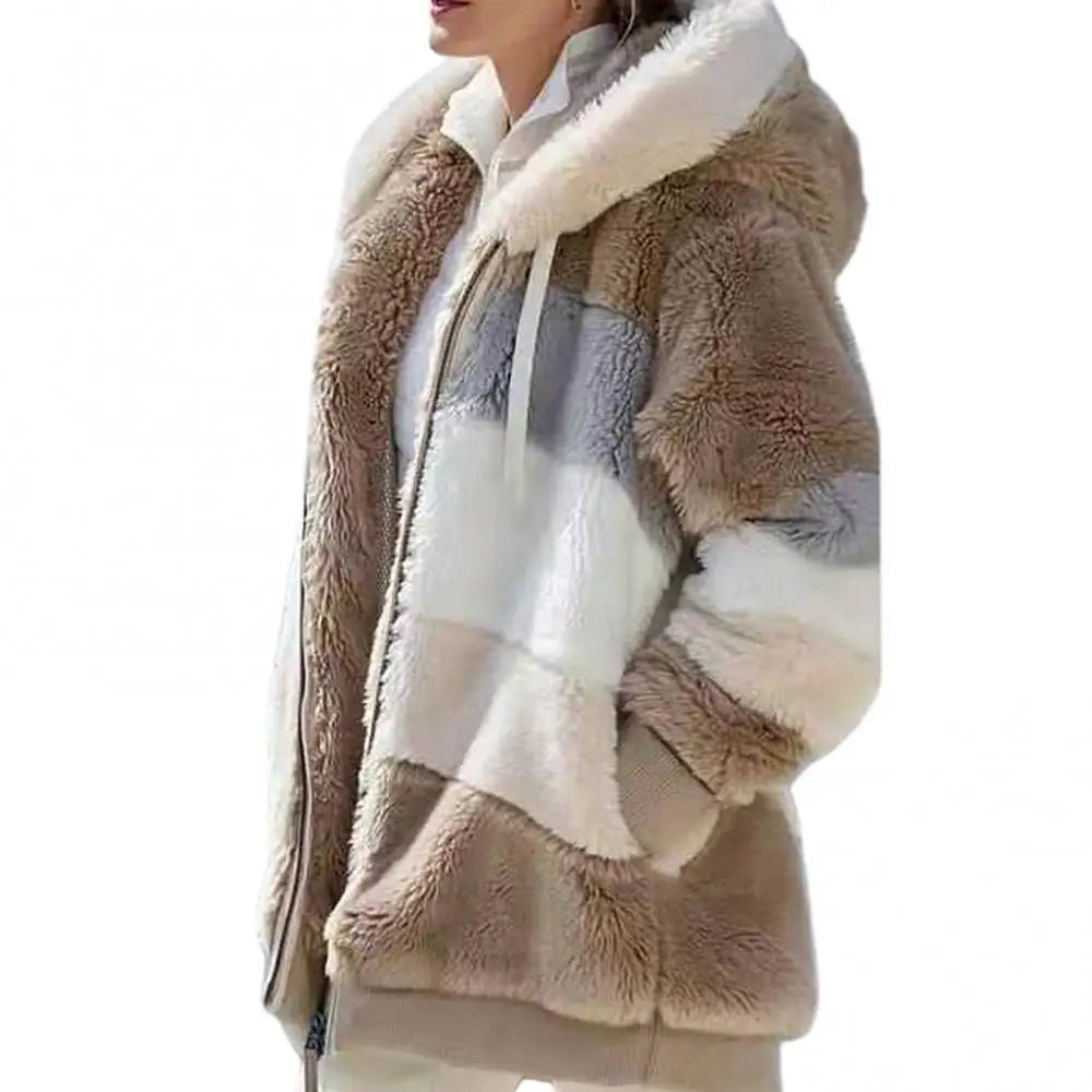 Cozy Vintage Fleece Women's Parka - Stylish Color Block Hooded Jacket for Autumn/Winter