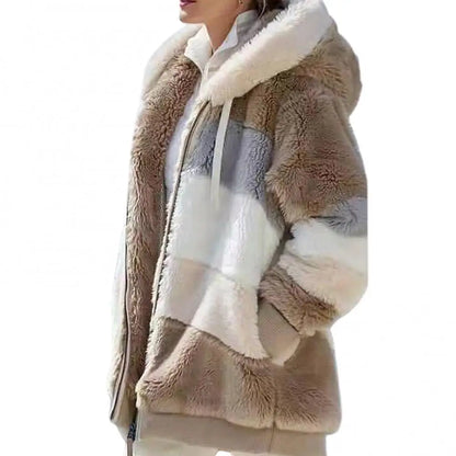 Cozy Vintage Fleece Women's Parka - Stylish Color Block Hooded Jacket for Autumn/Winter